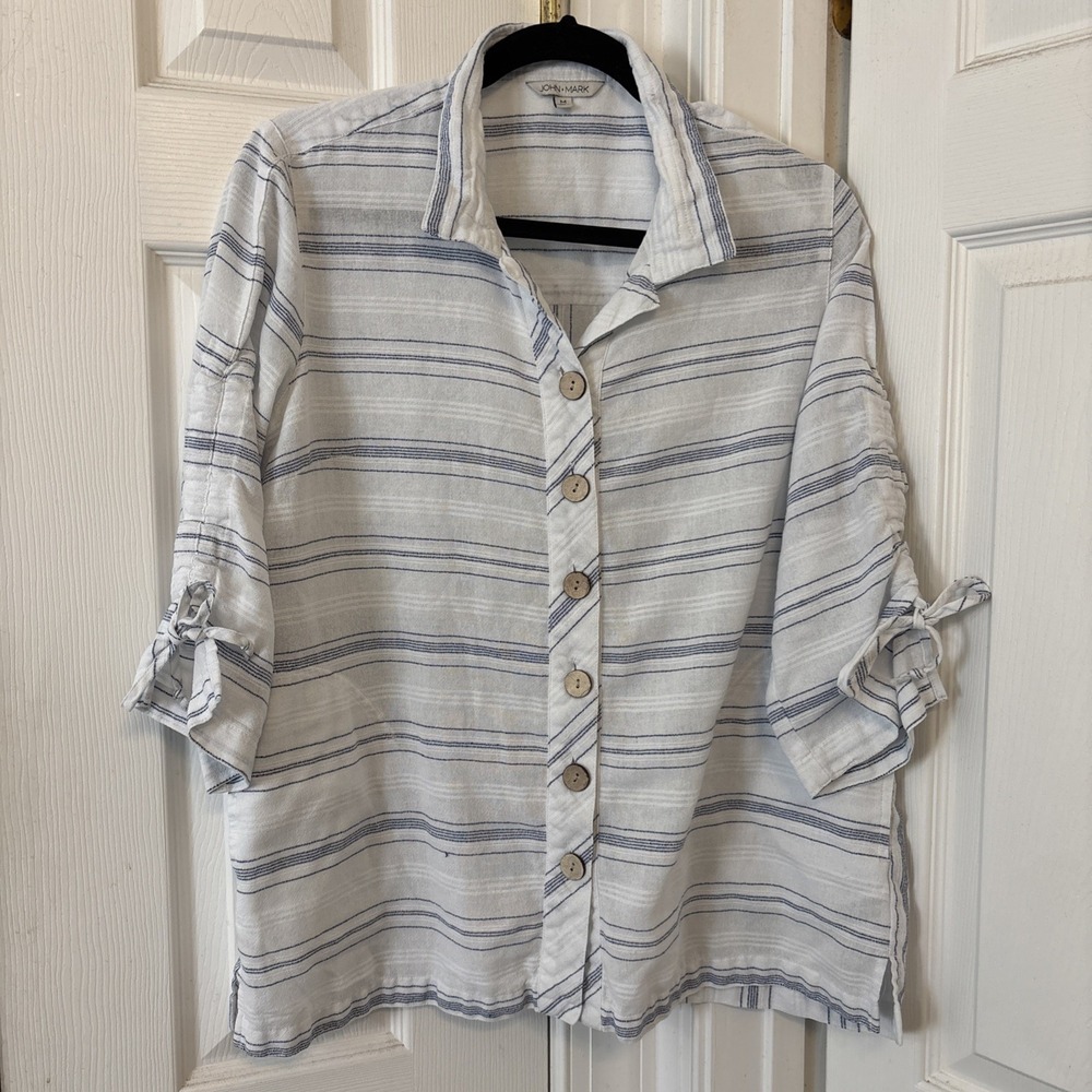 John Mark Women Wired Neck Blouse White Blue Stripe Button Up Shirt Size M